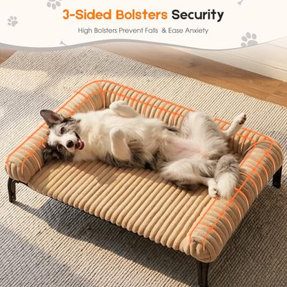 Elevated Dog Bed with Removable Fluffy Pillow Cushion, Raised Pet Cot Washable Bolster, Dog Couch Sofa, Anti Slip Feet, Breathable Mesh, Khaki, 49"×36" - color: khaki, size: XL(49"×36"×8")