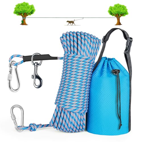 Tresbro Dog Camping Leash, 50ft/75ft/100ft Overhead Trolley System for Dogs up to 300lbs, Portable Lightweight Dog Runner Lead for Yard, Reflective Tie Out Cable for Camping, Courtyard, Park, Outside - color: Blue, size: 100FT