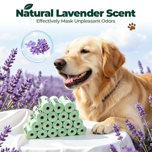 Certified Compostable Dog Poop Waste Bags-ASTM D6400&EN 13432 Compliant-270 Total Count,lavender fragrance Leakproof Dog Refill Rolls,15 Plant Based Compostable Poop Bags Per Roll (18 rolls)