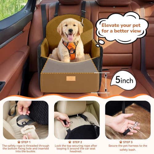 Dog Car Seat for Medium/Small Dogs, Dog Booster Car Seat, Pet Booster Seats Up to 40lbs with Waterproof Layer, 3 Storage Pockets and Safety Belt (Black/Brown) - color: Black/Brown