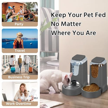 2 Pack Automatic Cat Feeder and Gravity Stainless Steel Water Dispenser, Dog Food Feeder and Waterer Set for Small Medium Puppy Kitten Pets (1 Gallon x 2, Gray) - color: 1 Gallon x 2 - Gray