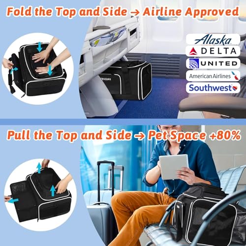 Petskd Top and Side Expandable Pet Carrier 17x11x9.5 Inches Alaska Airline Approved, Soft-Sided Carrier for Small Cats and Dogs with Locking Safety Zippers and Anti-Scratch Mesh(Black) - color: Black, size: 17.0"L x 11.0"W x 9.5"H