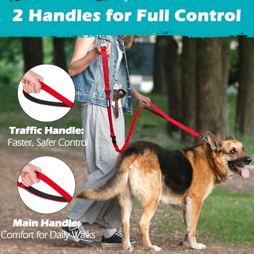 PetBonus Heavy Duty Tactical Dog Leash, 5 FT Bungee Shock Absorption Leash with 2 Padded Handles, Quick Release Metal Clip, Car Seatbelt, No Pull Training Lead for Large Medium Dogs（Red） - color: Red