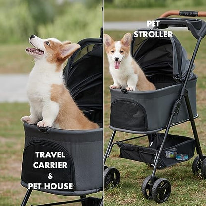 Zoosky 3 in 1 Pet Stroller with Removable Carrier, Folding Stroller for Small/Medium Dogs and Cats, Waterproof, All-Terrain, with Sun Shades, Car Seat - color: Dark Gray