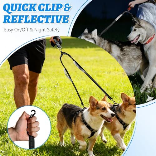Double Dog Leash-360° Swivel, No Tangle Dog Leash Coupler, No Pull Adjustable Dual Lead with Shock-Absorbing Bungee, Padded Handles, Reflective Walking & Training Lead Splitter for 2 Dogs - color: Black Gray