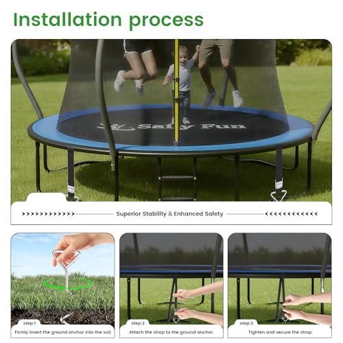 Safly Fun Heavy Duty Trampoline Stakes Anchor Kit, Spiral Ground Anchors with Straps & Installation Tool, Secure for Trampoline, Tent, Canopy, Gazebo, Dog Tie-Out (4-Pack)