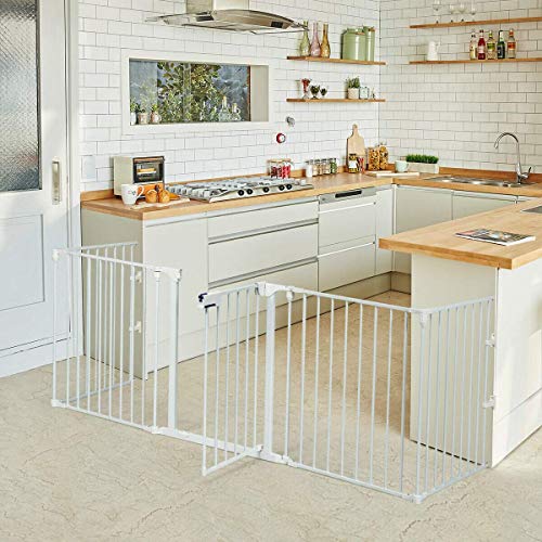 Costzon Baby Safety Gate, 121 Inch Length 5 Panel Adjustable Wide Fireplace Fence, BBQ Metal Fire Screen Gate, Pet Isolation Fence with Walk-Through Door, Freestanding Pets Gate - color: White, size: 5-Panel