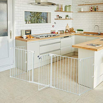 Costzon Baby Safety Gate, 121 Inch Length 5 Panel Adjustable Wide Fireplace Fence, BBQ Metal Fire Screen Gate, Pet Isolation Fence with Walk-Through Door, Freestanding Pets Gate - color: White, size: 5-Panel