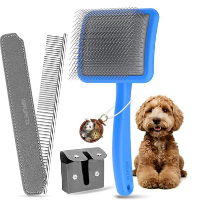 Large Slicker Brush, 2Pc Doodle Grooming Kit with Comb,Blue | With two leather protective covers; ideal for Poodles, Labradoodles; extra long pin; premium wooden handle; removes mats. - color: Blue
