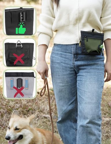 Gobeigo Dog Treat Pouch and Training Clicker, Upgrade Two Magnetic Closure to Prevent Spills, 2 Cup Treat Bag with Poop Bag Dispenser, Metal Clip Waist Belt Fanny Pack for Pet Walk (Black/Army Green) - color: D-Black/Army Green