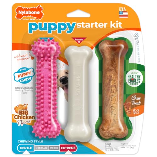 Nylabone Puppy Chew Toys & Natural Treat Triple Pack, Puppy Enrichment Teething Toys, Pink, Chicken & Bacon Flavor, Small Dogs - Up to 25 Ibs, 3 Pack - color: Pink, size: Small