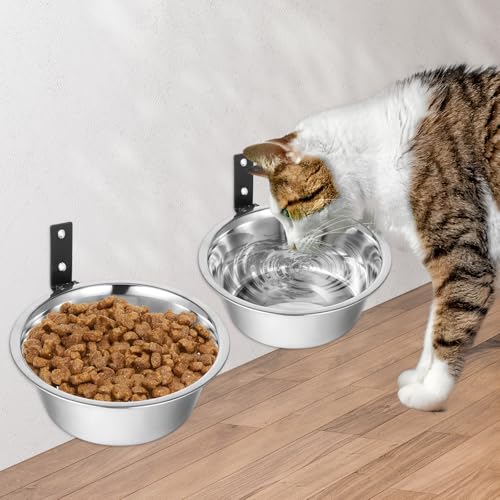 2 Pcs Wall Mounted Dog Bowl, Wall Mounted Pet Feeding Bowls, Elevated Pets Bowls, Adjustable Heights Hanging Stainless Steel Dog Food and Water Bowl with Foldable Stand Holder