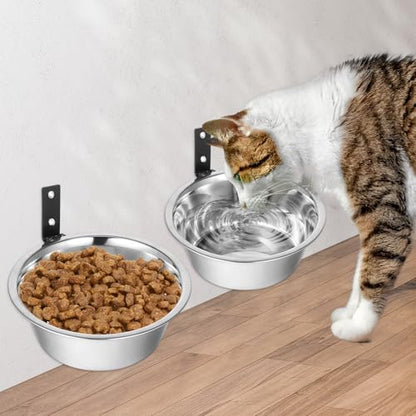 2 Pcs Wall Mounted Dog Bowl, Wall Mounted Pet Feeding Bowls, Elevated Pets Bowls, Adjustable Heights Hanging Stainless Steel Dog Food and Water Bowl with Foldable Stand Holder
