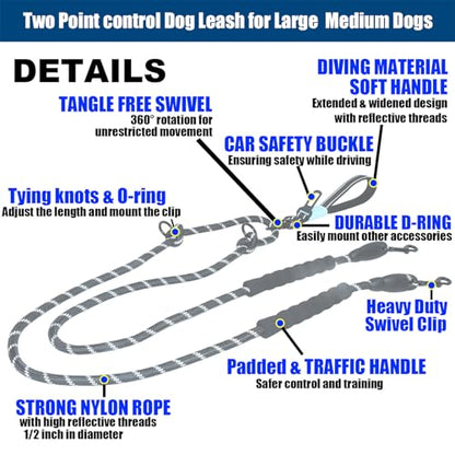 Two Point Control & Hands Free Dog Leash, Waist & Crossbody Leash with Car Seat Belt Clip, Heavy Duty Reflective & Tangle-Free, No Pull Harnesses Compatible for Large Medium Dogs, Black