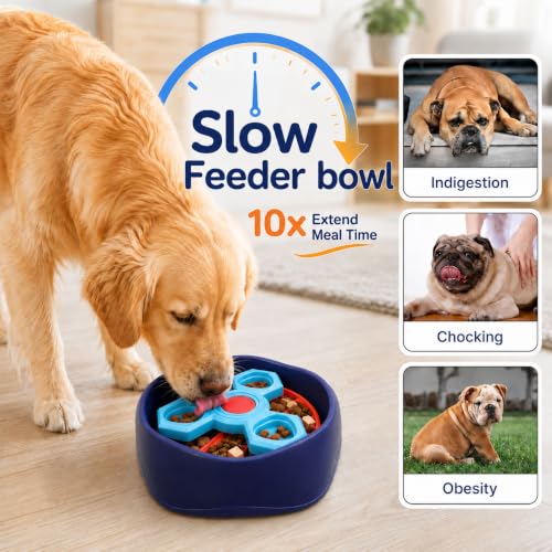 Slow Feeder Dog Bowls with Removable Puzzle Inserts, 3-Layer Interactive Dog Puzzle Feeder, Non-Slip Base Slow Feeder & Lick Bowl for Medium & Large Breeds (RED) - color: Red