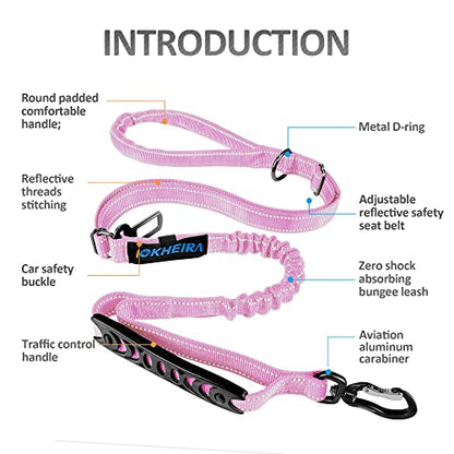 IOKHEIRA Dog Leash, Multifunctional for Medium & Large Dogs, Adjustable with Car Seatbelt, 4-6 FT Strong Bungee, Pink - color: Pink