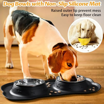 Hubulk Pet Dog Bowls 2 Stainless Steel Dog Bowl with No Spill Non-Skid Silicone Mat + Pet Food Scoop Water and Food Feeder Bowls for Feeding Small Medium Large Dogs Cats Puppies (M, Black) - color: Black, size: Medium