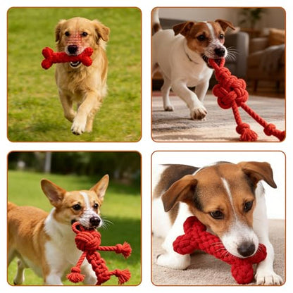 3 Pack Cotton Rope Dog Toy Set, Indestructible Chew Toys for Aggressive Chewers, Puppy Teething Toys with Bone, Human & Chinese Knot Designs for Boredom Relief & Tug of War， Red - style: Red suit（3 pack）