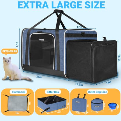 Petskd Side Expandable Extra Large Cat Carrier with Litter Box Area, 24"x17"x17" Soft-Sided Pet Carrier for 2 Cats Under 55 lbs with Zipper Locks for Car Travel(Blue) - color: Blue