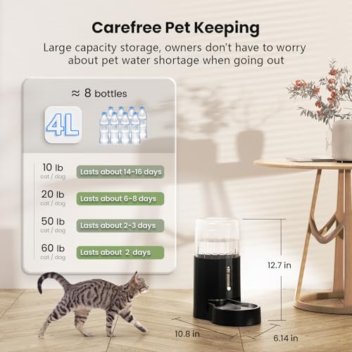 CZPET Automatic 4L/135Oz/1Gal Cat Water Dispenser with Stainless Steel Bowl, Gravity Waterer for Small Medium Dog Puppy Kitten (Black) - color: Black