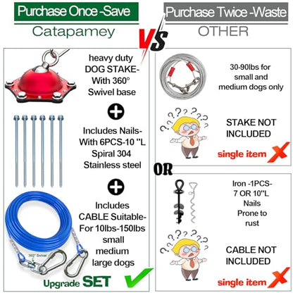 Catapamey Dog Tie Out Cable and Stake for Yard,(up to 200lbs) 360°Swivel Dog Run Anchors- No Tangle,with 30FT Heavy Duty Tie Out Cable for Dogs,Runner for Yard,Ideal for Outdoor Camping - size: Dog Stake Red/30ft Cable/200lbs