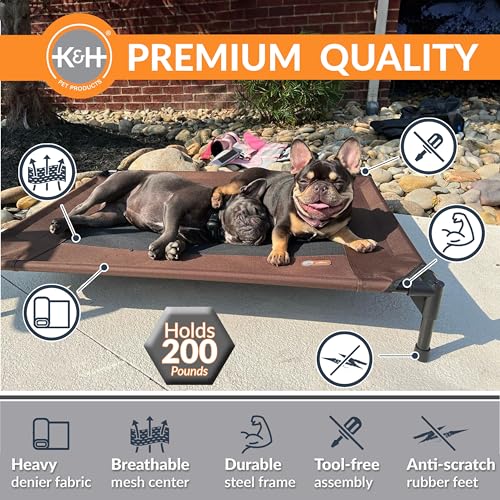 K&H Outdoor Elevated Dog Bed - Cooling Raised Dog Bed for Small & Medium Pets, Breathable Mesh Center Hammock Design, Indoor/Outdoor Washable Cover, Portable Metal Frame, Chocolate, Medium 32x25in