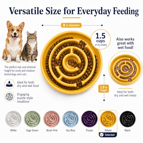 Slow Feeder Dog Bowls, Silicone Dog Bowl with Anti-Slip, Slow Feeder & Non-Slip Design, Boredom and Anxiety Reducer, Suitable for All Breed Dogs and Cat (Ceramic-Yellow) - color: Ceramic-Yellow