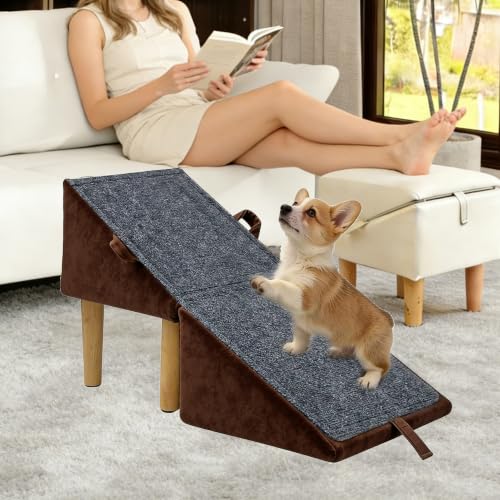 Split Ottoman Dog Ramp for Small Dogs and Cats, 14.57" H 2-in-1 Foldable Wooden Pet Ramp Stairs for Couch and Low Bed, or Ottoman, Non-Slip Portable, Brown - color: Brown