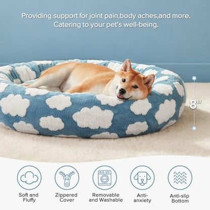 JOEJOY Donut Dog Bed Medium Size Dog, Cute Round Calming Pet Bed with Removable Washable Cover, Orthopedic Puppy Bed with Jacquard Shaggy Plush & Non Skid Bottom - color: Blue, size: M (30x30x8)
