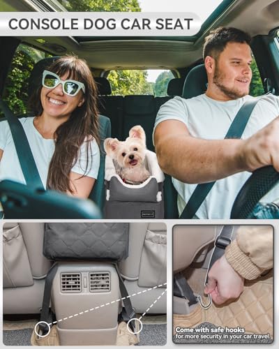 PETSFIT Center Console Dog Car Seat with Safe Protection Hooks, Pet Car Seat with Upgraded Safety Tethers, Washable Cushion, Console Dog Car Seats for Small Dogs Up to 8 Lbs (Grey) - color: Grey