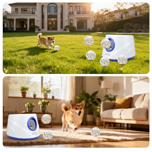 Automatic Dog Ball Launcher with 6 ETPU Balls, Adjustable Distance 20-45ft, USB Rechargeable, Interactive Pet Toy (Blue) - color: Blue-Standard