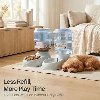 Flexzion Automatic Pet Feeder & Waterer Set of 2 Pack, Self Feeding Replenish Dog Cat Bowls, Gravity Food & Water Storage Container Fountain Jug Pet Supplies Plastic Skid Proof Rubber Feet (1 Gallon) - color: Waterer + Feeder, size: 4-6 lb Feeder (1 Gallo