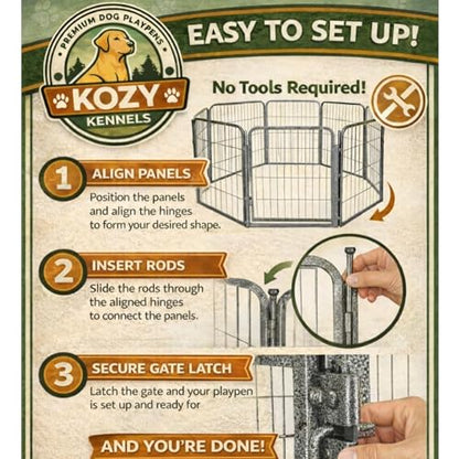 Dog Play Pen for Indoor Use - 40'', 8 Panels for Medium and Large Size Dogs - Portable Grey Playpen Kennel for House or Garage - Metal Heavy Duty Pet Fence with Anti-Slip Feet - size: 40 Inches