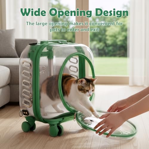 Cat Carrier with Wheels & Detachable Strap – Rolling Pet Trolley with Telescopic Handle, Transparent Hard Shell, Silent Wheels, Ventilated Design for Travel, Walking, Vet Visits for Small - color: Green
