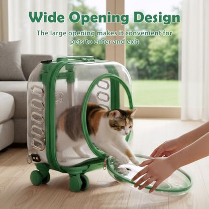 Cat Carrier with Wheels & Detachable Strap – Rolling Pet Trolley with Telescopic Handle, Transparent Hard Shell, Silent Wheels, Ventilated Design for Travel, Walking, Vet Visits for Small - color: Green