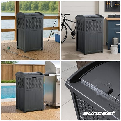 Suncast 33 Gallon Wicker-Style Hideaway Trash Can with Secure Latching Lid and Weather-Resistant Construction for Patio, Cyberspace Grey, Made in the USA - color: Cyberspace Grey