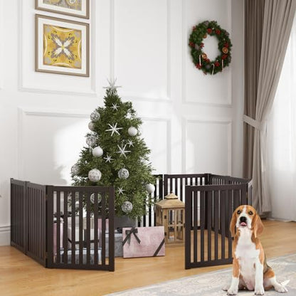 WELLAND 24" Freestanding Pet Gate, Foldable Wooden Dog Gate, 4 Panel Step Over Fence, Indoor Puppy Gate, Expands Up to 80" Wide, Espresso - color: Espresso, size: 4 Panel 80" Wide