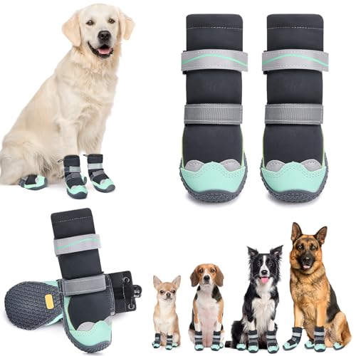 SlowTon Dog Shoes - Waterproof Dog Snow Boots for Winter, Warm Booties with Non-Slip Rubber Sole, Reflective Paw Protector for Large Small Medium Dogs Walking on Winter Cold Pavements Rain (Green, 8)