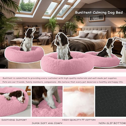 Bunlitent 39 inch Calming Dog Bed, Donut Dog Bed for Large Sized Dog, Pink | Plush Anti-Anxiety, Donut Shape, Warming Cozy, Round Cuddler Nest, Soft Cute,Marshmallow Cuddler Nest Pet Bed - color: Pink, size: 39"L x 39"W x 8"Th