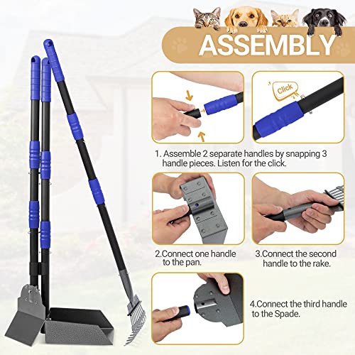 Heeyoo Dog Pooper Scooper, Dog Poop Tray and Rake Set, Pet Waste Removal Scoop with Long Adjustable Sectional Stainless Handles - color: Black/Blue