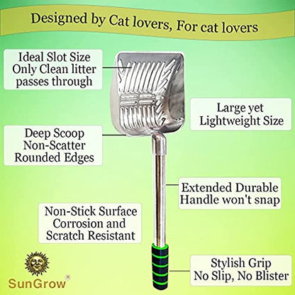SunGrow Cat Litter Scoop, Stainless Steel Long Handle Chicken Coop Poop Scooper, Comfortable 9” Handle, 5” Wide Mouth, Narrow Slits and High Sides Metal Sifter, for Litter Boxes or Gardening