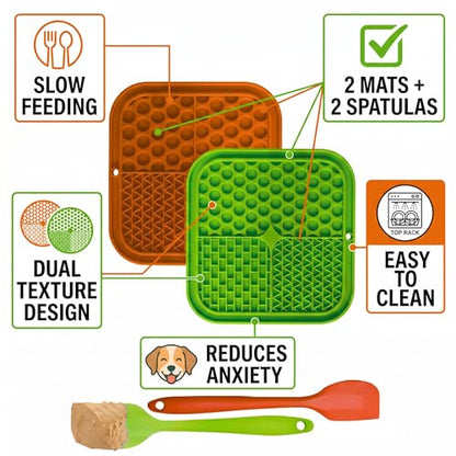 Dog Lick Mat 2-Pack (Orange & Green) with Spatulas – Silicone Licking Pads for Dogs & Cats, Peanut Butter Slow Feeder, Strong Suction, Anxiety Relief for Bath & Grooming, Dishwasher-Safe