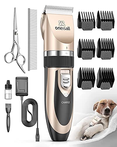 oneisall Dog Clippers Low Noise, Dog Grooming Kit with Rechargeable, Pet Shaver Cordless Electric Quiet Hair Clipper Set for Dogs Cats Pets（Gold） - color: Gold