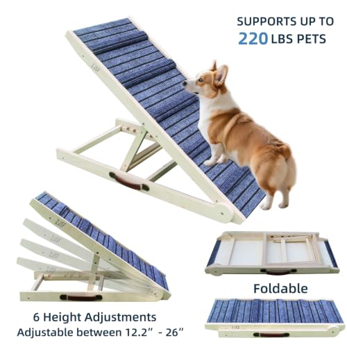 ZJSF Foldable Dog Ramp for High Bed, Wooden Dog Stairs to Bed for Small and Large Dogs, High Traction Platform with 6 Adjustable Heights (12.2"-26"), 39.7" L, Supports up to 230 lbs - size: 39.7"L X 17.4"W