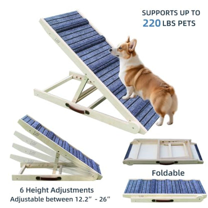 ZJSF Foldable Dog Ramp for High Bed, Wooden Dog Stairs to Bed for Small and Large Dogs, High Traction Platform with 6 Adjustable Heights (12.2"-26"), 39.7" L, Supports up to 230 lbs - size: 39.7"L X 17.4"W
