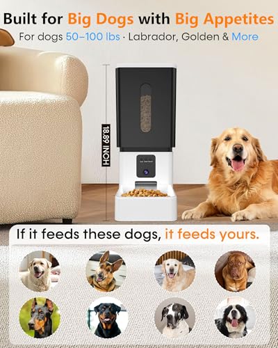 Large Breed Automatic Dog Feeder with 1080P HD Camera: 12L/50 Cups 20-Day Food Capacity for Busy Pet Owners - Anti-Clog 0.78inch Wide Outlet for Large Kibble - size: 12L for Large Dogs