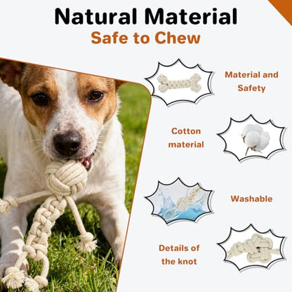 3 Pack Cotton Rope Dog Toy Set, Indestructible Chew Toys for Aggressive Chewers, Puppy Teething Toys with Bone, Human & Chinese Knot Designs for Boredom Relief & Tug of War， White - style: White suit（3 pack）