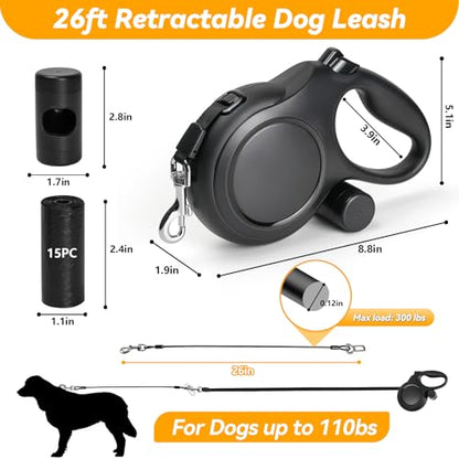 Upgraded Retractable Dog Leash with Chew Proof Cable, 26ft Heavy Duty Dog Leash for Large Dogs up to 110lbs, No-Tangle, Non-Slip Handle, One-Handed Brake, with Poop Bag Holder (Black, L 26ft) - color: Black