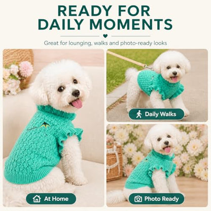 Dog Sweater for Small Dogs, Textured Knit with Ruffle Collar, Lightweight Breathable Girl Dog Clothes, Cute Puppy Sweater for Daily Wear Photoshoot (Green,XS) - size: X-Small