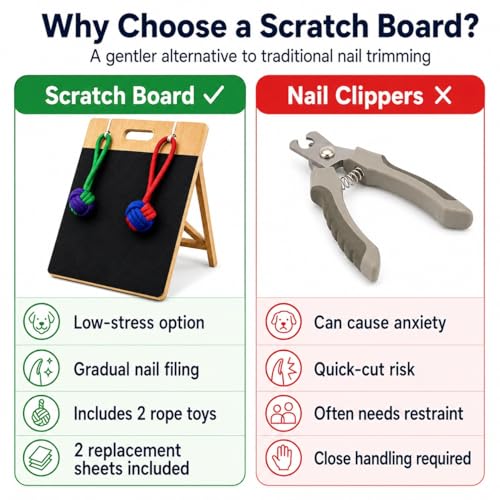 Dog Scratch Board for Nails – Bamboo Dog Nail File Board with Replaceable Sandpaper, Rope Toys, Stress-Free Natural Dog Nail Care Alternative for Anxious, Rescue & Clipper-Shy Dogs